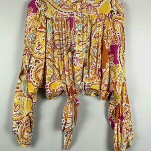 Top Women's Large Floral Pleated Puff Sleeve Cropped